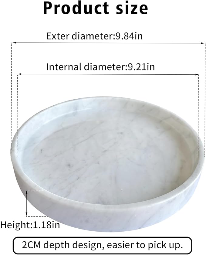 Apasqro Carrara White Marble Tray Round 10 Inch, Natural Stone Perfume & Dessert Tray, Elegant Serving & Display Plate for Home, Vanity, 2 cm Deep, Non-Slip Base