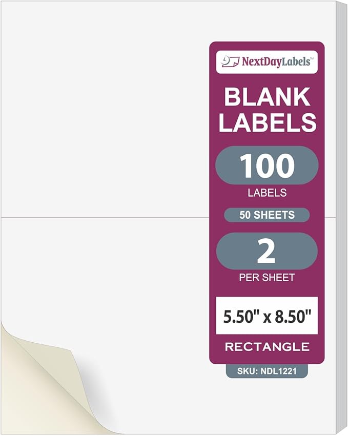 NextDayLabels 8.5x5.5 Half Sheet Stickers White Blank Labels for Laser Inkjet Printer - 2 Per Page Self-Adhesive Shipping Packaging Product Made in USA - 100 Labels