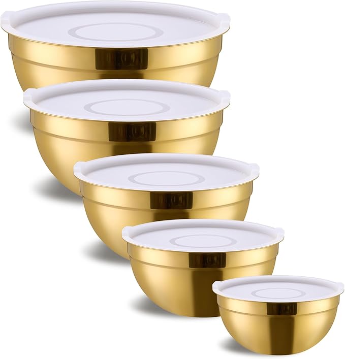 Onlycooker Gold Mixing Bowls With Airtight Lids,Stainless Steel Bowl,Salad Bowls 5 Piece Colorful Nesting Bowl Gold Kitchen Accessories,Size 5.5,3.6,2.7,2.1,1.5QT Stackable Design