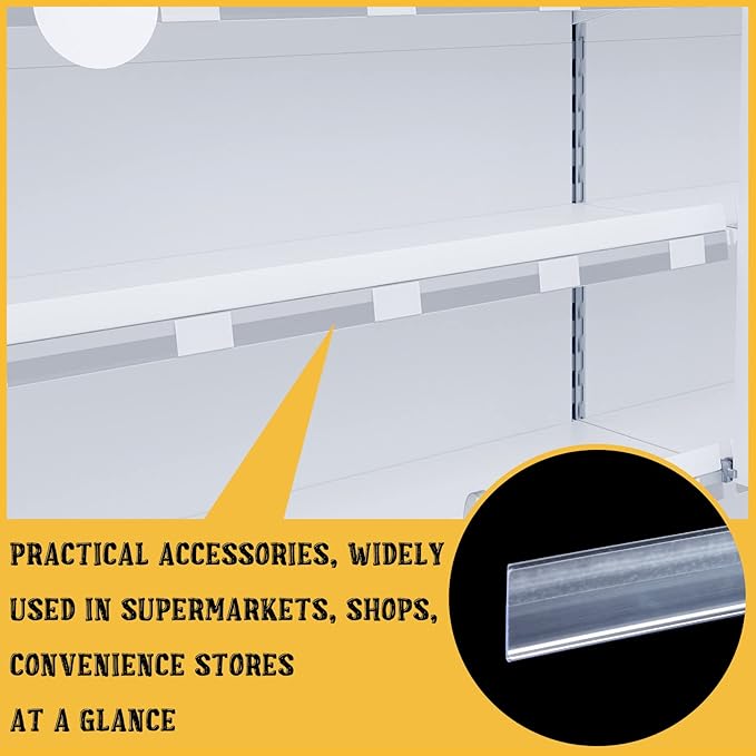 Fainne 25 Pcs Shelf Label Strips 1.25''H x 48 L Self Adhesive Shelf Label Holder Gondola Price Tag Stick on Plastic Clear Ticket Channel for Metal Wood Plastic Rack