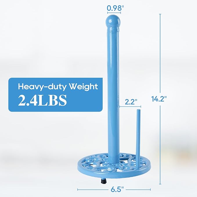 JOGREFUL Paper Towel Holder Stand, Cast Iron Kitchen Paper Towel Countertop Vintage Stand with Weighted-Base, Bathroom Organization for Family Standard Large Size Roll Paper, Classic Style, Blue
