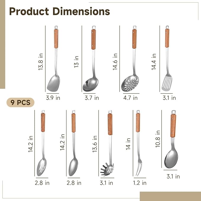 9PCS Stainless Steel Cooking Utensils, Kitchen Cooking Utensils Set with Wooden Hanlde, Including 304 Stainless Steel Spatula, Ladle, and Slotted Spoon, Metal Kitchen Utensils Set