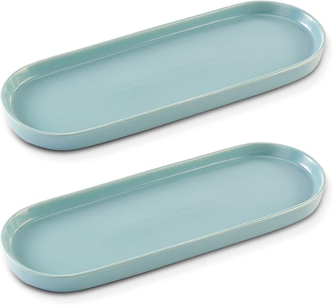 Ceramic Sink Tray, Bathroom Counter Tray, Bathtub Tray, Cosmetics Dish, Candle Tray, Perfume Shampoo Liquid Soap Tray Simple Style Design Suit for Bathroom and Kitchen (2pcs Blue)
