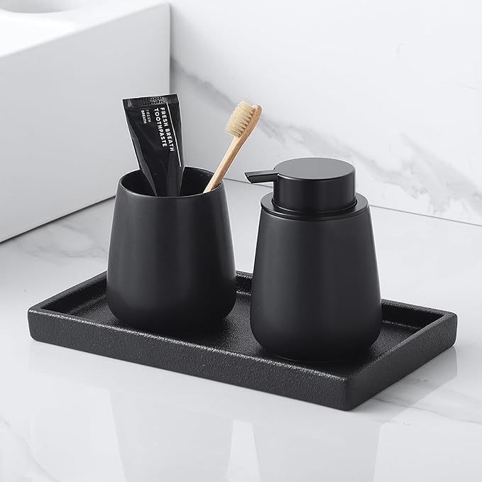 Eyrozia Bathroom Vanity Tray - 11'' Ceramic Rough-Textured Rectangle Countertop Tray, Heavy-Duty Perfume Organizer Plate, Jewelry Ring Tray, Kitchen Soap Dispenser Stone Trays, Black