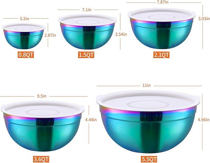 Onlycooker Rainbow Mixing Bowls With Airtight Lids,Stainless Steel Bowl,Salad Bowls 5 Piece Colorful Nesting Bowl Rainbow Kitchen Accessories,Size 5.5,3.6,2.7,2.1,1.5,QT Stackable Design