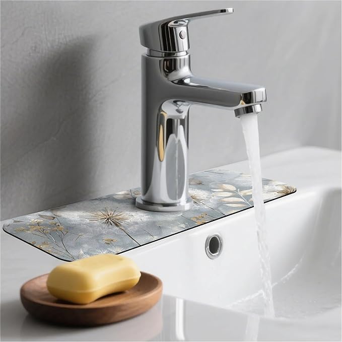 Kitchen Sink Splash Guard，Dandelion and wildflower Faucet Mat Sink Gadgets-Super Absorbent Fast Drying Mat Drip Catcher for Kitchen, Bathroom,Sink Mat, Dish Drying Mat, Bathroom(15" X 5.5" )