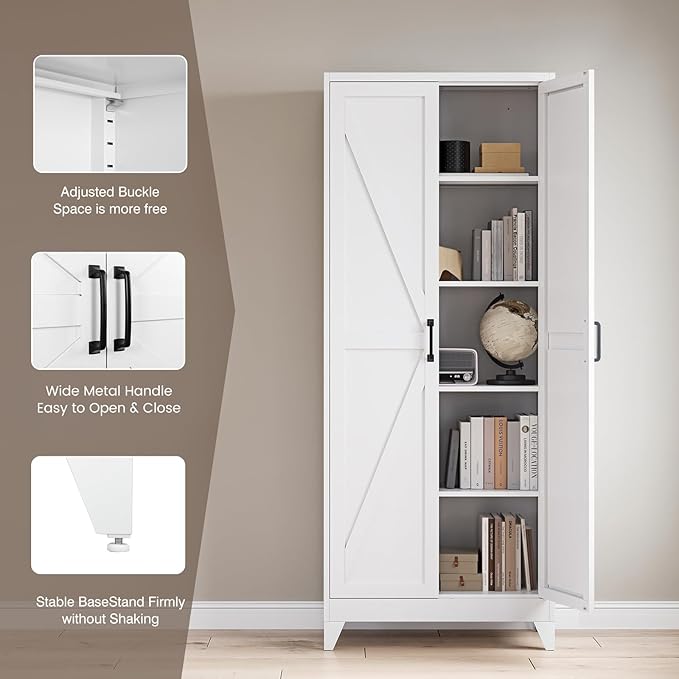 Yizosh Metal Storage Cabinet with Doors and 4 Adjustable Shelves - 75" White Kitchen Pantry Storage,4-Tier Tall Steel Cabinet Locker for Kitchen,Living Room,Dining Room