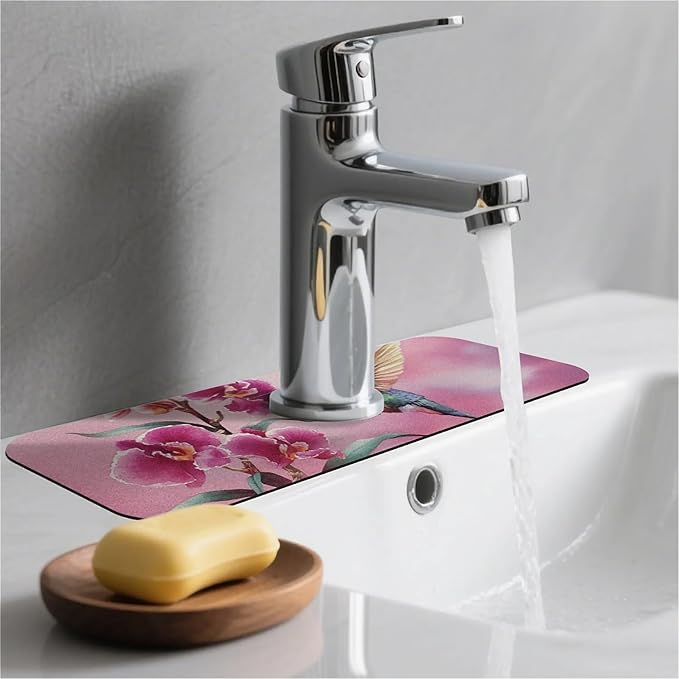 Kitchen Sink Splash Guard，Hummingbird, orchid Faucet Mat Sink Gadgets-Super Absorbent Fast Drying Mat Drip Catcher for Kitchen, Bathroom,Sink Mat, Dish Drying Mat, Bathroom(15" X 5.5" )