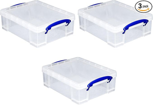 Really Useful Box Stackable 8.1 Liter Plastic Storage Container Bin with Snap Lid & Built-In Clip Lock Handles for Home & Office Organization (3 Pack)