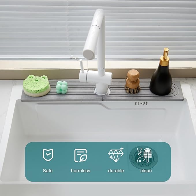 Stone Faucet Mat for Kitchen Sink Bathroom Counter, 23.6 Inch Light Grey Diatomite Water-Absorbing Drying Stone Mat, Sink Stone Tray Protector,Prevent Moisture Sink Splash Guard
