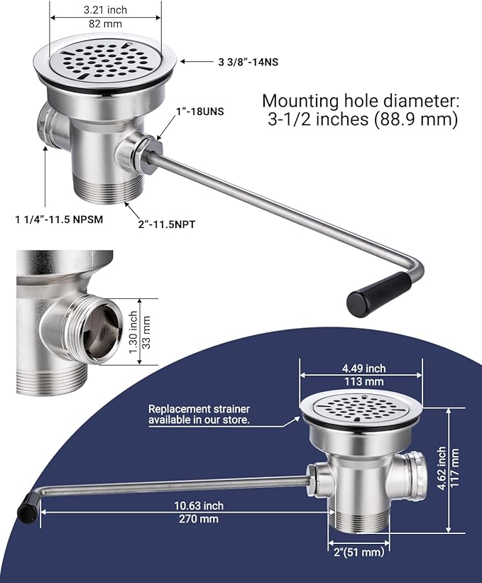 3-1/2" Commercial Sink Drain with Twist Lever Handle, Waste Drain Valve with Overflow Inlet for Restaurant 2/3 Compartment Sink, Easy Controll, Block-free and Leakproof