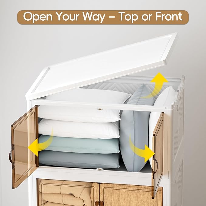 JEKO&JEKO 323Qt Stackable Storage Bins with Lids and Wheels, Foldable Collapsible Plastic Drawer Boxes for Clothes, Home, White, 4 Pack