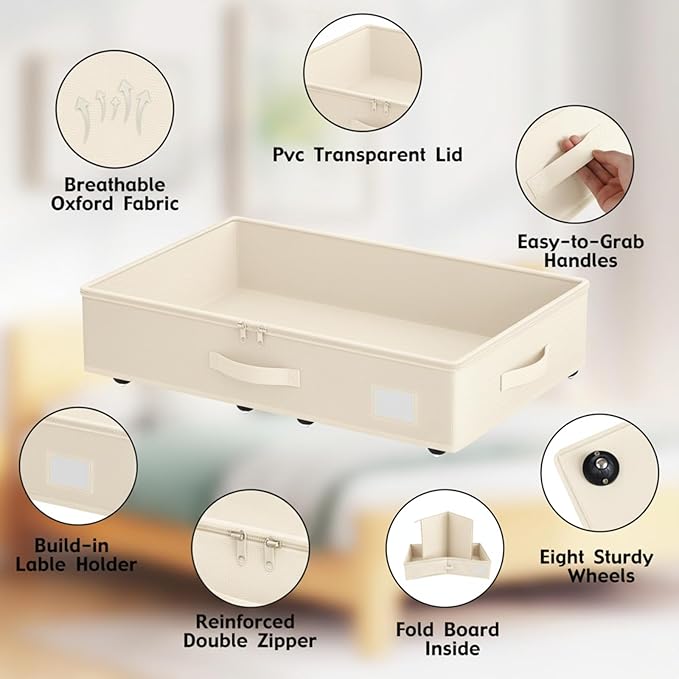 Under Bed Storage with Wheels, No Assemble Required 5.5 inches height beige under bed storage bins,Low Profile Rolling Underbed Shoe Storage containers，dorm underbed storage drawers