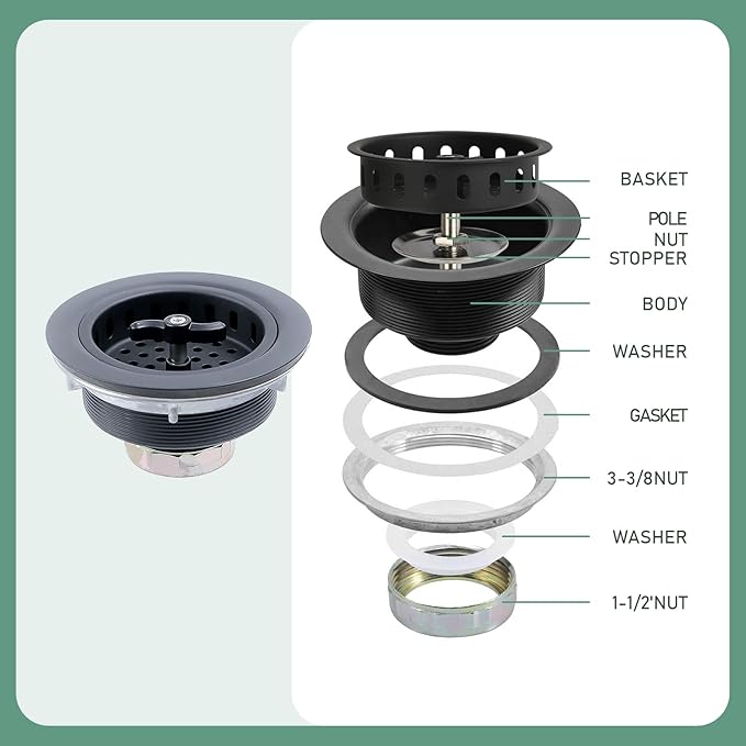 Watflow Black Kitchen Sink Drain Assembly with Sink Strainer 3-1/2 Inch and 304 Stainless Steel Screws, Fit for 3.5 Inch Kitchen Sink, All Stainless with Removable Strainer Basket and Drain Stopper…