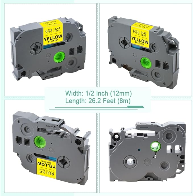 6-Pack Tze631 12mm 0.47 Laminated Yellow Label Tape Compatible for Brother Tze-631 Tze631 TZ-631 P Touch Label Tape Tz Tze 12mm 1/2" Black on Yellow for PTD210 PTD220 PTD400 PT1290 PT2040