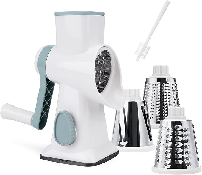 REDPANT Cheese Grater with Handle, Rotary Cheese Grater with 3 Interchangeable Blades, Manual Cheese Shredder with Strong Suction Base, Easy to Use and Clean, White