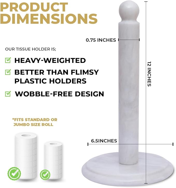 Marble Kitchen Paper Towel Rack Holder Handmade Paper Roll Holder with Stand Non-Slip - Wrapping Paper Holder for Kitchen Countertop, Cabinet & Bathrooms - Hand Towel Rack Standup Holder (White)