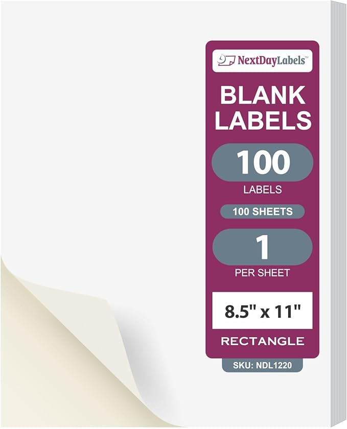 NextDayLabels 8.5x11 Full Sheet Stickers White Blank Labels for Laser Inkjet Printer - 1 Per Page Self-Adhesive Shipping Product Packaging Made in USA - 100 Labels