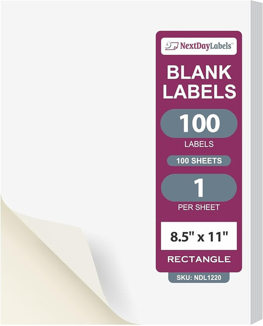 NextDayLabels 8.5x11 Full Sheet Stickers White Blank Labels for Laser Inkjet Printer - 1 Per Page Self-Adhesive Shipping Product Packaging Made in USA - 100 Labels