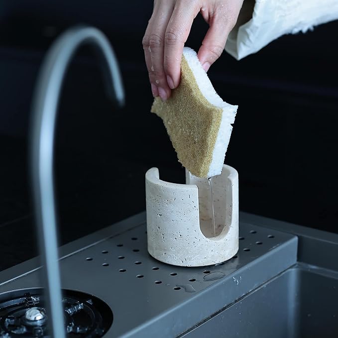 Travertine Marble Sponge Holder for Kitchen Counter - Natural Stone Dish Drying Rack, Sponge Caddy for Sink Organizer - Durable & Stylish Kitchen Decor