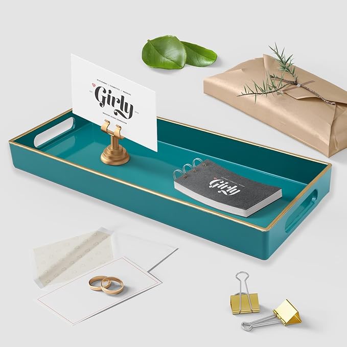 Leemxiiny Green Bathroom Vanity Tray for Countertop, Small Plastic Toilet Tank Versatile Storage & Organization Tray for Makeup, Perfume, Desk, Kitchen, Candles, 13.7"x6"x1.4", 35GR