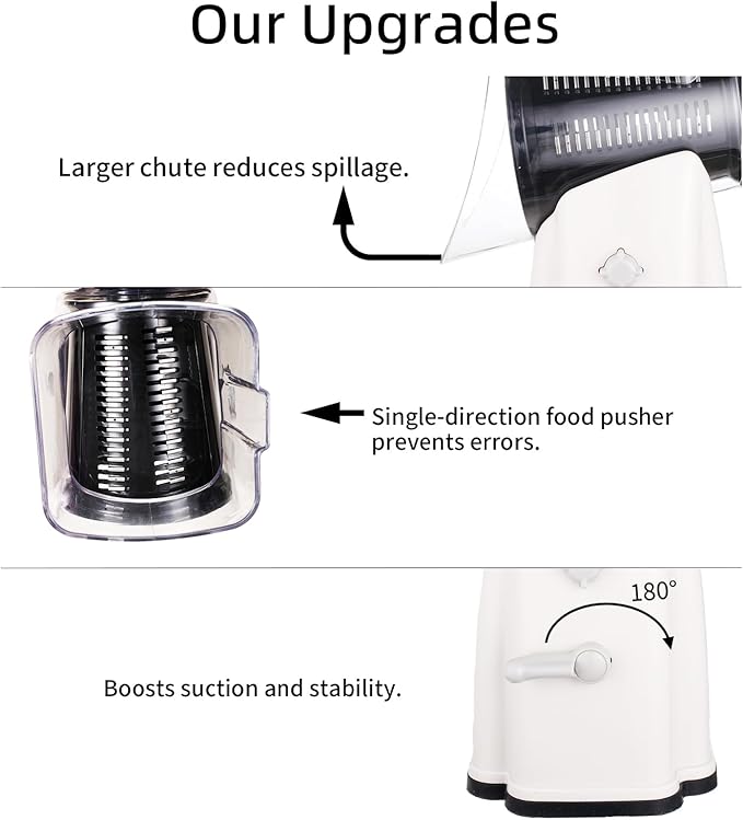ChinKc Upgrade Rotary Cheese Grater Shredder with Handle, Strong Suction Base, Multi-purpose Rotary Grater Slicer with 5 Interchangeable Blades for Ice, Vegetables, Fruit, Nuts with Blade Storage Box