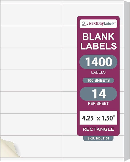 NextDayLabels 4.25x1.5 Inch Rectangle Stickers White Blank Labels for Laser Inkjet Printer - 14 Per Sheet Self-Adhesive Unique Size Label Made in USA - 1400 Labels