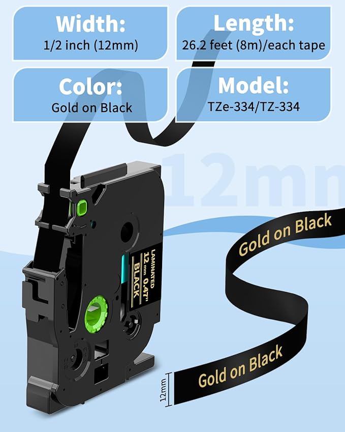 Replacement for Brother P Touch Label Tape Gold on Black TZe-334 TZe334 TZe TZ Tape 12mm 0.47 Laminated, Compatible with PT-D210 PT-D220 PT-H110 PT-D400 PT-D410 PT-D600, 1/2 in x 26.2 ft, 4-Pack