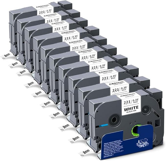 Absonic 10-Pack 9mm Black on White Label Tape Compatible for Brother Tze-221 Tze221 3/8" P Touch Tze Tz Tape 9mm 0.35" Laminated White Label for Label Maker PTH110 PTD210 PTD220 PTD200 PTD400 PT1880