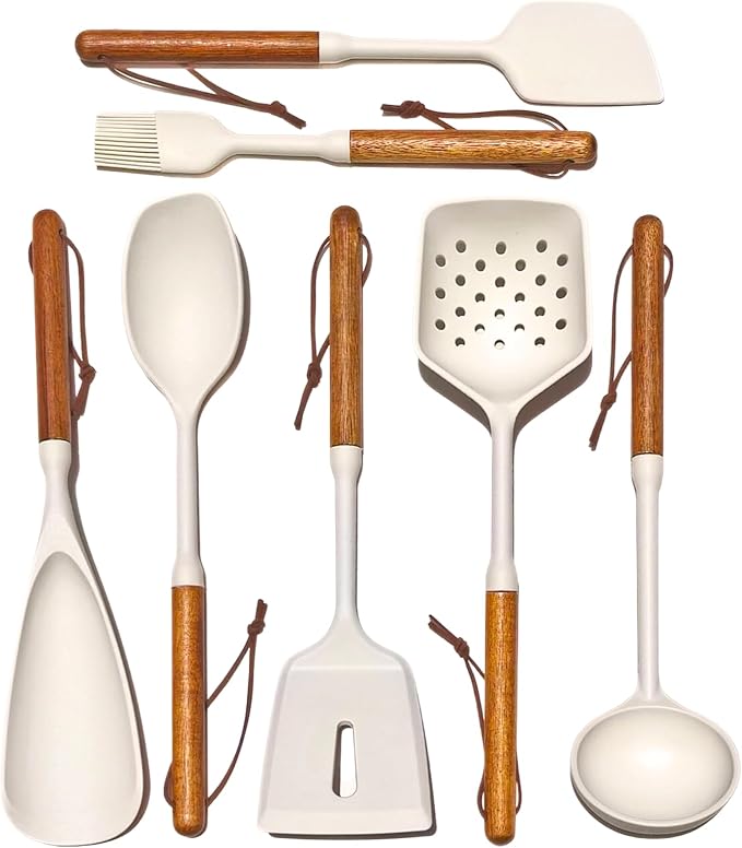 RFSCDI White Silicone Cooking Utensils Set, Kitchen Utensils Set 7 Pcs for cooking, Non-Toxic Spatula Set with Heat Resistant Wood Handles for Nonstick Cookware, (Cream White)