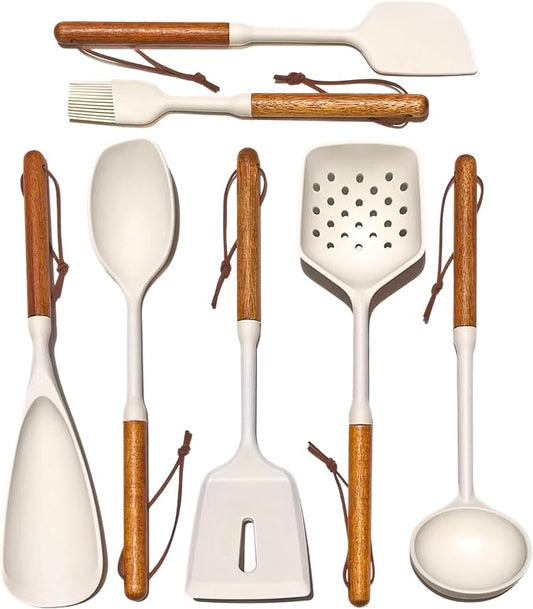 RFSCDI White Silicone Cooking Utensils Set, Kitchen Utensils Set 7 Pcs for cooking, Non-Toxic Spatula Set with Heat Resistant Wood Handles for Nonstick Cookware, (Cream White)
