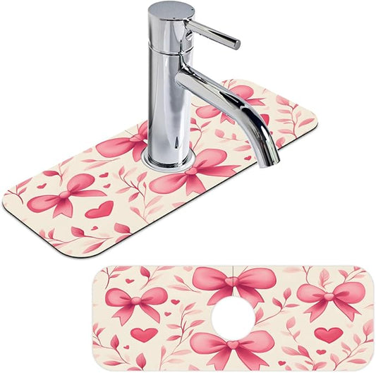 1 PC 15.4*5.7 Inch Absorbent Faucet Mat for Kitchen Sink Splash Guard Fast Drying Kitchen Faucet Mat for Bathroom Kitchen Bow Tie