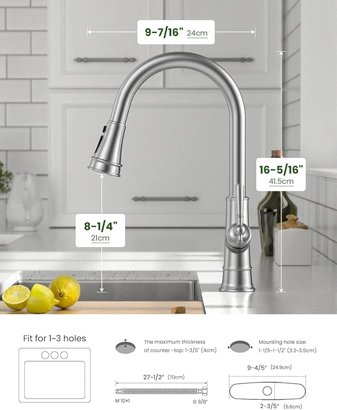 APPASO Pull Down Kitchen Faucet with Sprayer, Stainless Steel Single Handle High Arc Single Hole Pull Out Kitchen Sink Faucets Brushed Nickel, cUPC-Certified Pull-Out Hose, Water Supplies & Valve