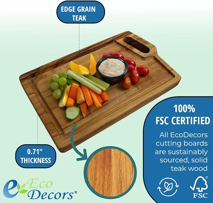 EcoDecors 10"x6" Teak Cutting Board with Juice Groove & Handle, FSC Certified Edge Grain Wood, Small Serving Board for Kitchen, Snacks & Charcuterie
