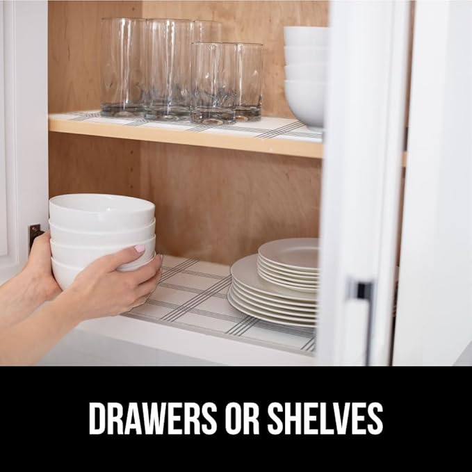 GORILLA GRIP DripGuard Shelf Liner, Non Adhesive Drawer and Kitchen Cabinet Protector, 20x240 Inch, Slip Resistant BPA Free Smooth Surface Plastic Liners for Cabinets, Bathrooms, Closets, Gray White