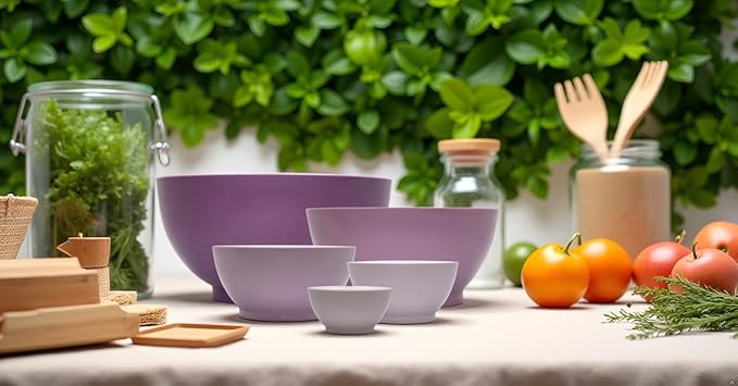 CaliBowl 5-Piece Non-Spill Plastic Mixing Bowl Set - Reusable Nesting Kitchen Bowls with Concave Inner Lip and Non-Slip Base - Ideal for Baking, Prepping, Cooking and Serving - Dusty Plum