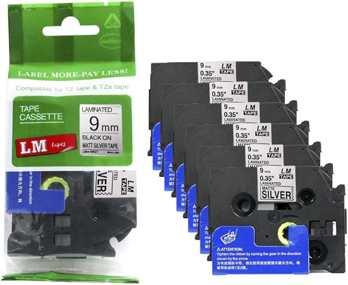 6/Pack LM Tapes - LMe-M921 Premium 3/8" Black Print on Matte Silver Label Compatible with Brother TZeM921 Tape and Includes Tape Color/Size Guide. Replaces TZ-M921 9mm 0.35 Laminated.