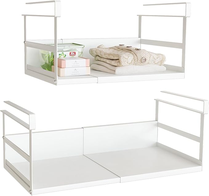 SHINEWON Expandable Under Cabinet Shelf Organizer with 1.25 Inches Thick Clips, Heavy Duty Extendable Under Shelf Storage Basket for Pantry or Laundry Room, White, 2 Pack, Interior: 5.7" H x 8.54" D