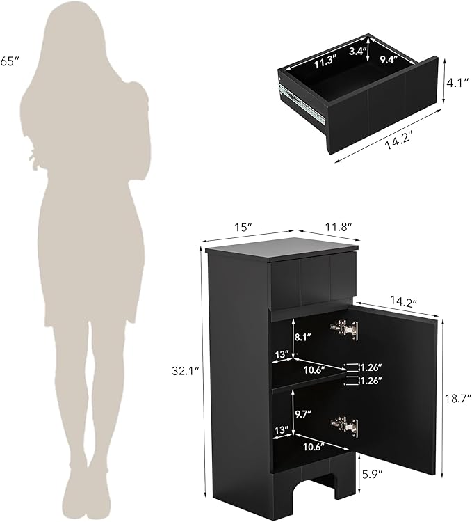 VANIRROR Small Bathroom Cabinet with Adjustable Shelves, Drawer, Anti-Tip Design, 14.96" L x 11.81" W x 32.09" H, Durable MDF for Bathroom, Kitchen, Laundry Storage, Soft-Close Door