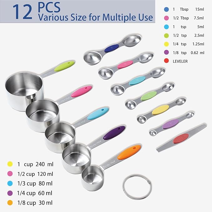 MiorBiit 12 PCS Measuring Cups and Spoons Set Stainless Steel, 5 Measuring Cups with Colorful Silicone Handle and 6 Double-Sided Magnetic Measuring Spoons & 1 Leveler for Cooking and Baking (5+6+1)