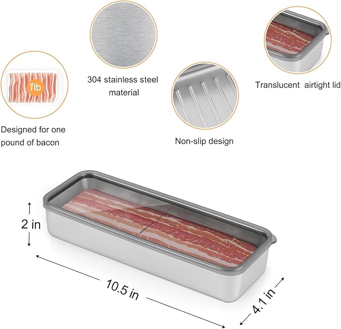 2Pack Bacon Holder for Fridge,Bacon Container for Refrigerator,Deli Meat Box for Refrigerator,304SS Airtight Food Storage Container,Stackable Fridge Organizer with Locking Lid (BPA Free)