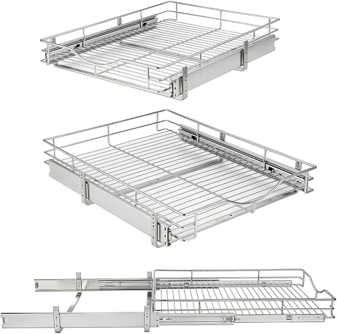 DINDON 1 Tier Pull Out Cabinet Organizer (20" W x 21" D) Heavy-Duty Metal Sliding Drawer Shelf, Slide Out Wire Basket for Kitchen Cabinets, Pantry, Bathroom, Chrome Finish……