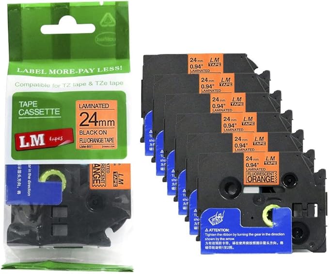 6/Pack LM Tapes - LMe-B51 Premium 1" Black Print on Bright Orange Label Compatible with Brother TZe-B51 P-Touch and Includes Tape Color/Size Guide. Replaces TZB51 24mm 0.94 Laminated