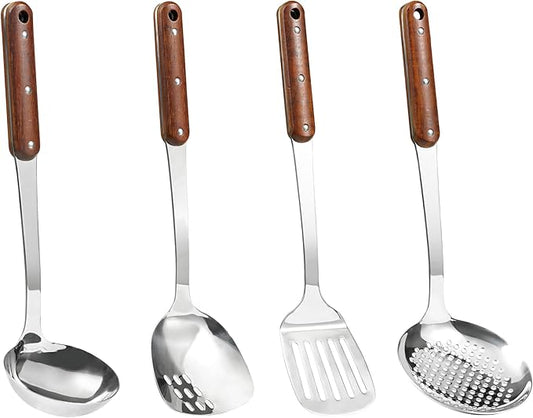 FJNATINH Stainless Steel Wok Spatula,Slotted Spatulas,Ladle,Skimmer Ladle Tool Set,Mirror Polished Cooking Utensils Kitchen Cookware, Pack of 4,Sliver