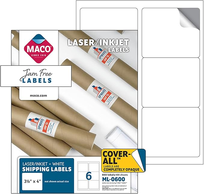 MACO Laser/Ink Jet White Cover-All Shipping Labels, 3-1/3" x 4", 6 per Sheet, 600 per Box (ML-0600)