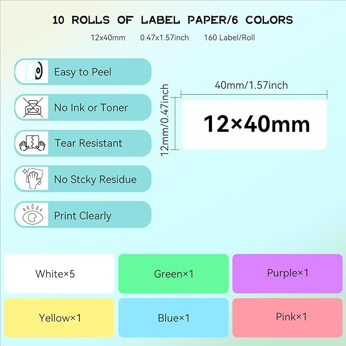 EEBBL D30 P15 HP4 Label Maker Tape Refill 12mm×40mm(0.47"x1.57") Sticker, Laminated Thermal Label Tape Replacement, 1650 Labels/10Rolls, High Definition Labeling Tape for Home Office School Hotel
