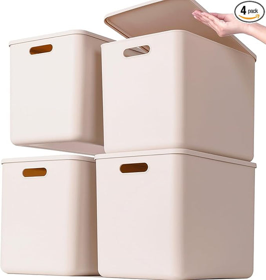 GUMEIGODA Plastic Storage Bins with lids,Storage Baskets,Container with handle,Storage Organizer Bins for Shelves,Office,Bedrooms,Closets, Cabinets(Grey，4XL)