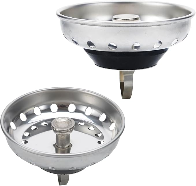 2 Pack Sink Drain Strainer, Kitchen Sink Drain Strainer And Stopper Combo Basket Spring Clip Replacement for Standard 3-1/2 inch Drain, Stainless Steel Basket with Knob, Rubber Stopper Bottom