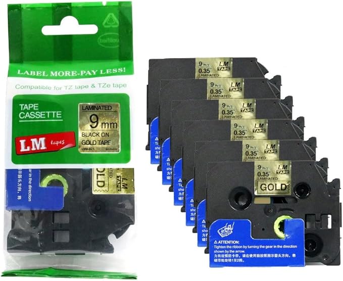 6/Pack LM Tapes - LMe-821 Premium 3/8" Black Print on Gold Label Compatible with Brother TZe821 Tape and Includes Tape Color/Size Guide. Replaces TZ-821 9mm 0.35 Laminated.