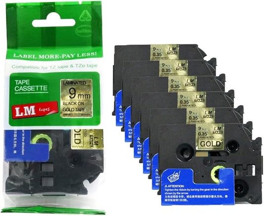 6/Pack LM Tapes - LMe-821 Premium 3/8" Black Print on Gold Label Compatible with Brother TZe821 Tape and Includes Tape Color/Size Guide. Replaces TZ-821 9mm 0.35 Laminated.